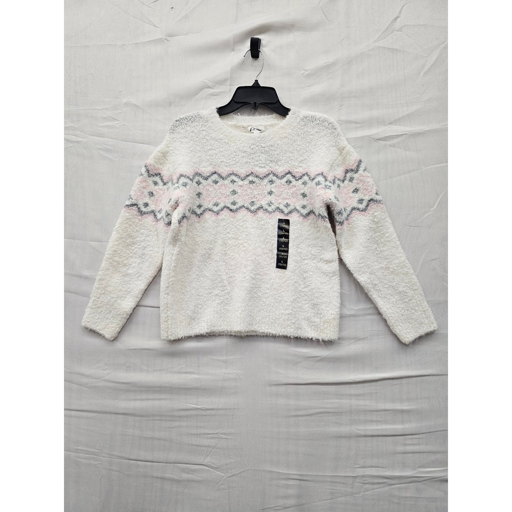 Art Class Girls White Fuzzy Fair Isle Sweater Dog Bone Pink Grey L 10/12 NWT
